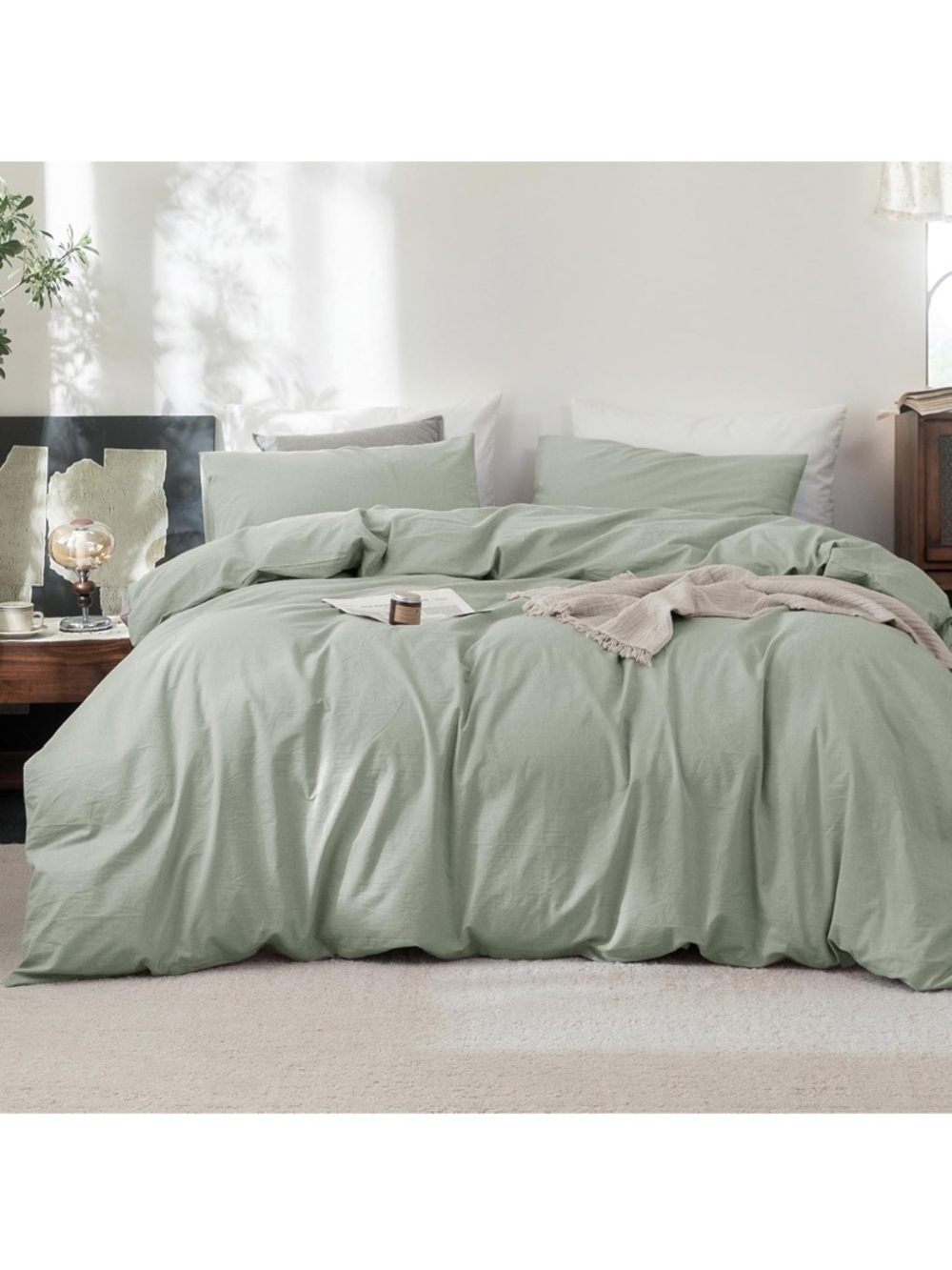NEW FOSSA Duvet Cover Set 100% Washed Cotton Linen Feel, Sage Green